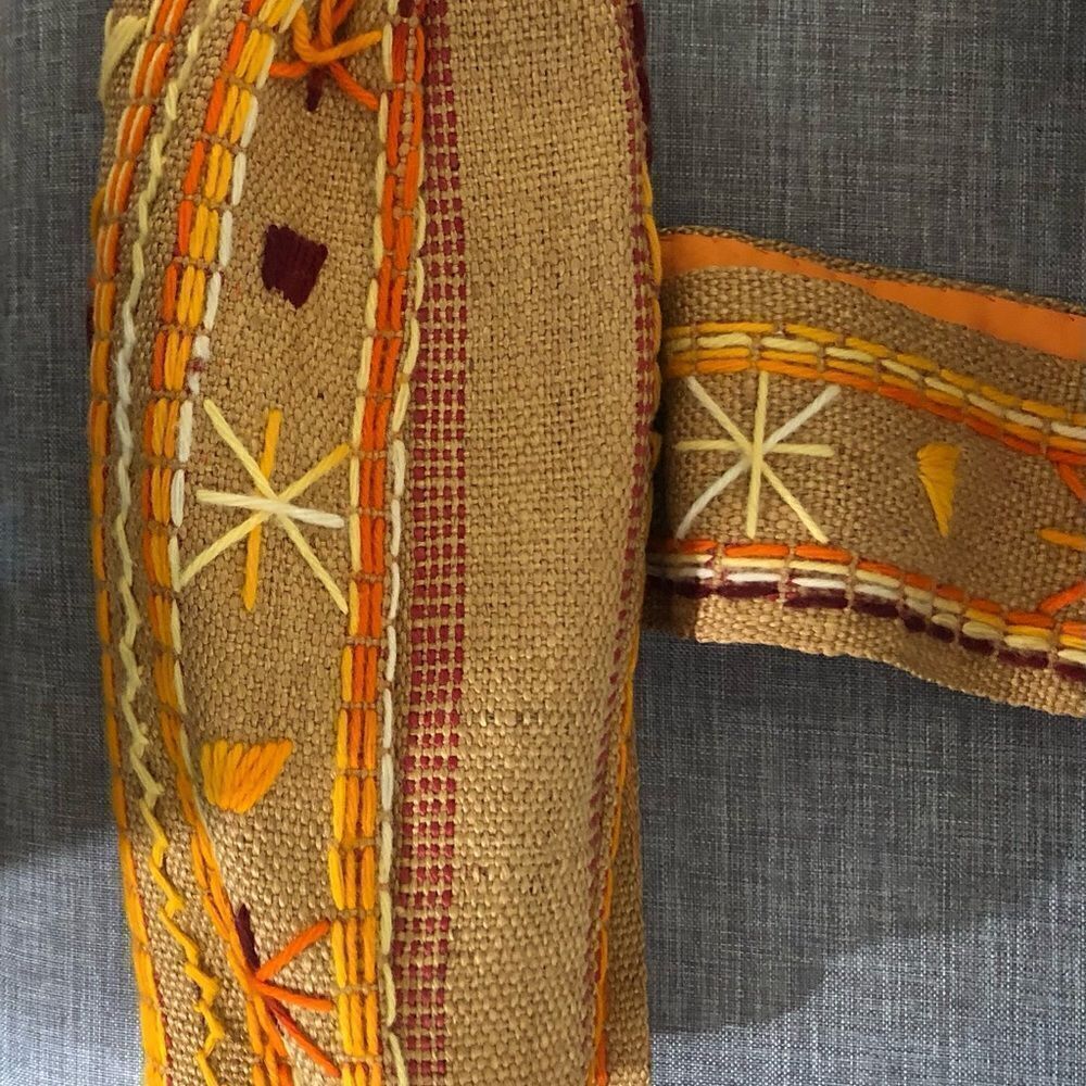 Vintage Burlap Tote Bag Embroidered Tan Orange Cream - Picture 6 of 7